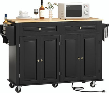 Hlivelood 55" Movable Kitchen Island with Drop Leaf and Power Outlet, Rolling Cart with Storage Cabinet, Island Table on Wheels for Kitchen with 2 Drawers, Spice Rack, Towel Bar, Garage Hook, Black