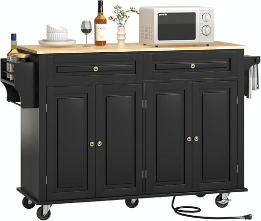 Hlivelood 55" Movable Kitchen Island with Drop Leaf and Power Outlet, Rolling Cart with Storage Cabinet, Island Table on Wheels for Kitchen with 2 Drawers, Spice Rack, Towel Bar, Garage Hook, Black