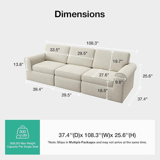 Novilla 108" Modular Sectional Sofa, Modular Sectional Couches for Living Room Bedroom, Chenille Removable Cover Cloud Couch Sectional with Smarts Coil® Support L-Shaped Couch(Beige, 3 Seater)