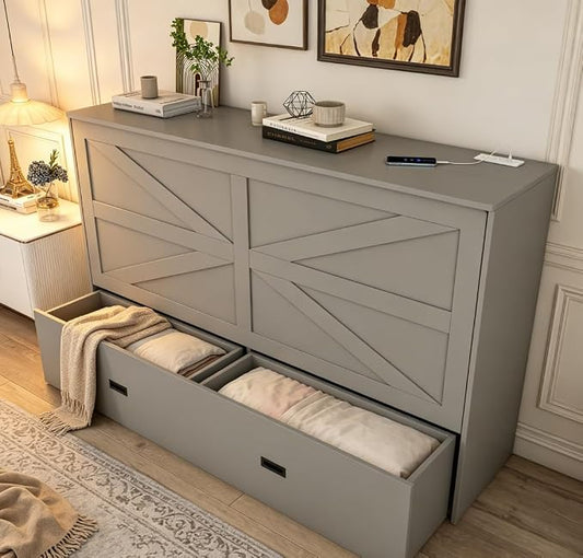 Bellemave Full Murphy Bed with Mattresses and Charging Stations and Storage Drawer, Farmhouse Murphy Cabinet Bed with Foldable Panel, Noisy Free, for Guest Bedroom, Living Room, Gray
