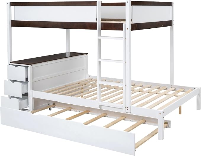 Ball & Cast Full-Over-Full Bunk Bed with Twin Size Trundle,Solid Wood Bedframe W/Desk & Drawers,USB,Space Saving,Easy Assembly,Multifunctional Bedroom Furniture Set for Boys Girls Teens,White+Walnut