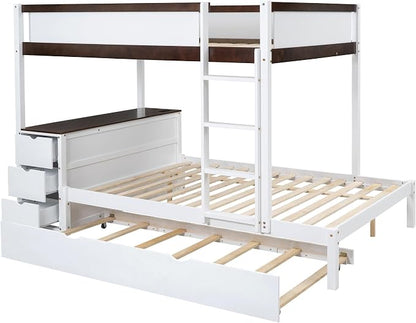 Ball & Cast Full-Over-Full Bunk Bed with Twin Size Trundle,Solid Wood Bedframe W/Desk & Drawers,USB,Space Saving,Easy Assembly,Multifunctional Bedroom Furniture Set for Boys Girls Teens,White+Walnut
