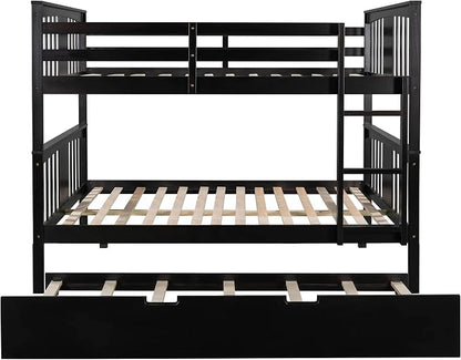 Merax Full-Over-Full Bunk Bed with Twin Trundle, Solid Wood Bunk Bed Frame with Guardrail and Removable Ladder, Can be Separated into 2 Beds, Espresso