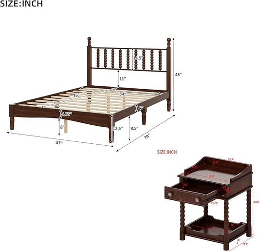 Walnut 3 Pieces Full Bedroom Set, Vintage Platform Bed Frame Full Size with 2 Nightstand, Wood Traditional Bedframe with Spindle Headboard, No Box Spring Required (Walnut, Full)