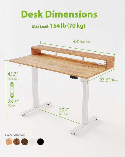Agilestic 48x24 Inch Electric Standing Desk with Shelf, Height Adjustable Desk with Power Outlets & LED, Sit Stand Up Table with Monitor Stand, Computer Workstation, Light Rustic Brown