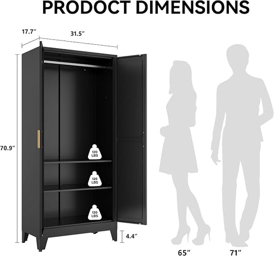 COFaR Black Metal Wardrobe Closet 2-in-1 Design, 71" Freestanding Armoire with Adjustable Hanging Rod & Shelves, Convertible Storage/Hanging Cabinet for Bedroom
