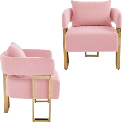 YISHENG Modern Barrel Accent Chairs Set of 2, Living Room Side Chairs with Golden Metal Legs Velvet Upholstered Reading Armchairs no Wheels for Vanity/Reception Room//Bedroom/Lounge/Office, Pink