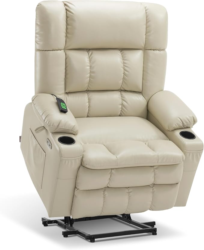 MCombo Dual Motor Power Lift Recliner Chair for Elderly, Lay Flat Lift Chair with Heat and Massage, Oversized Lift Recliner for Big and Tall, Faux Leather R7891 (Cream White, Large-Wide)