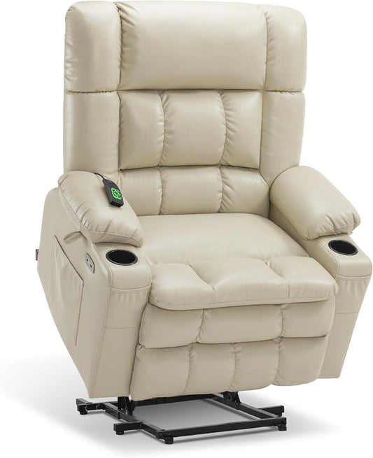 MCombo Dual Motor Power Lift Recliner Chair for Elderly, Lay Flat Lift Chair with Heat and Massage, Oversized Lift Recliner for Big and Tall, Faux Leather R7891 (Cream White, Large-Wide)