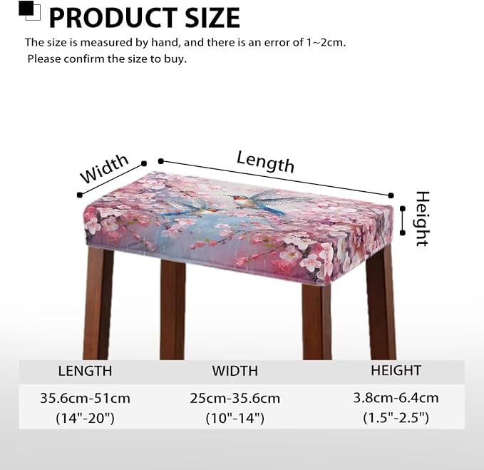 Vanity Stool Covers Bar Stool Covers Set of 2 Cherry Blossom Hummingbird Bar Stool Saddle Seat Covers Rectangle Bench Seat Protector Barstool Covers with Elastic Bands for 14-20 inch Stool