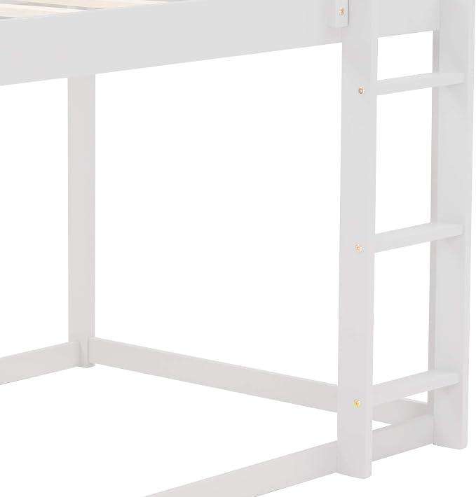 Merax Modern Floor Bunk Bed with Ladder Twin Over Twin, Wood House Shaped Bunk Bed Frame for Kids Boys Girls, No Box Spring Needed White