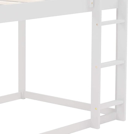 Merax Modern Floor Bunk Bed with Ladder Twin Over Twin, Wood House Shaped Bunk Bed Frame for Kids Boys Girls, No Box Spring Needed White
