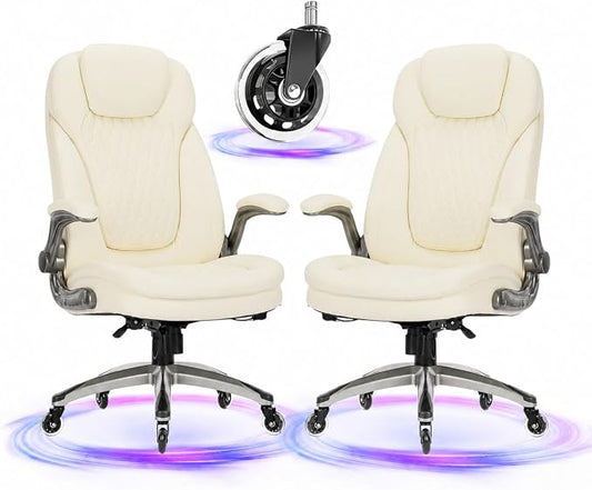 COLAMY Ivory Leather High Back Executive Office Chair Set of 2, Ergonomic Desk Chair with Flip-up Arms, Thick Cushion, Silent Nylon Wheels, Adjustable Height & Rocking Function, 300lbs Capacity