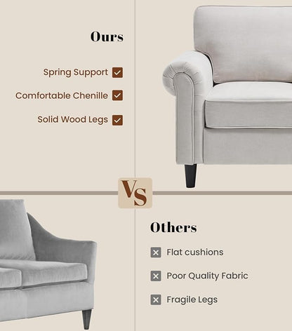 Kingfun Loveseat 2 Seater Couch, Mid Century Modern Chenille Sofa with Rolled Arms and Deep Seats, Fluffy Comfort for Living Room, Apartment, Easy Assembly, Beige