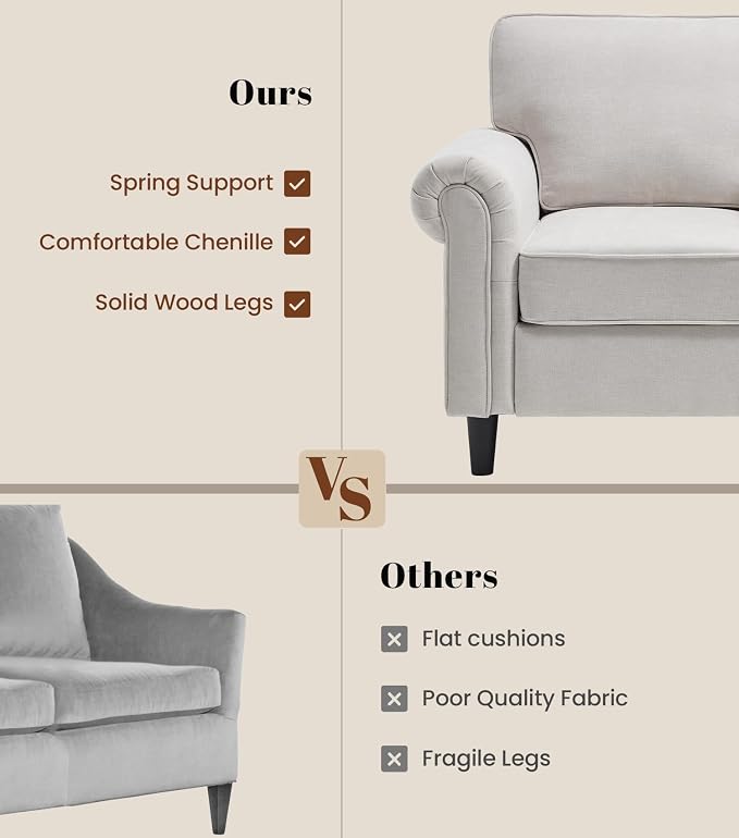 Kingfun Loveseat 2 & 3 Seater Couch with Chair, Mid Century Modern Chenille Sofa Set with Rolled Arms and Deep Seats, Fluffy Comfort for Living Room, Apartment, Easy Assembly, Beige