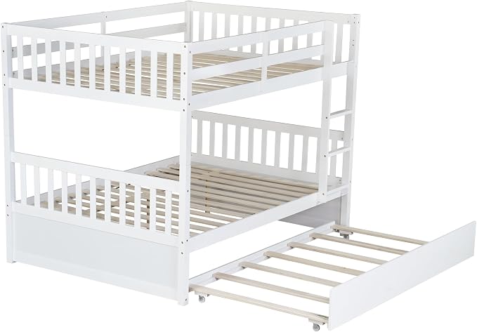 Bellemave Full Over Full Bunk Bed with Trundle,Convertible Bunk Beds with Ladder & Safety Guardrails,Full Size Trundle Bunk Beds for Kids Girls Boys,White