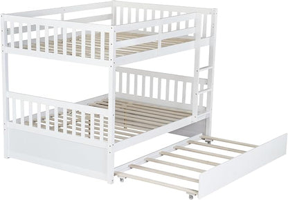 Harper & Bright Designs Convertible Wood Full-Over-Full Bunk Bed with Trundle and Ladder - Can Be Divided Into Two Platform Beds, White