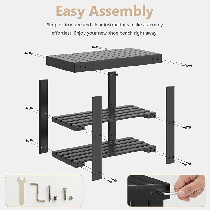 Sweetcrispy 3-Tier Shoe Rack Bench for Entryway, 19 Inches, Black | Bamboo Shoe Storage Bench, Shoes Rack for Entrance, Living Room, Balcony, 4 Pairs, 286lb Capacity
