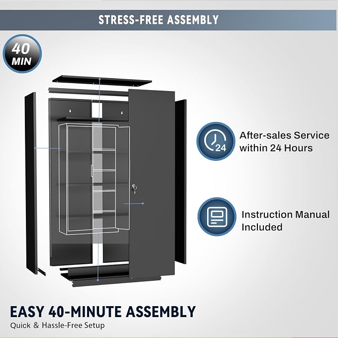 Metal Garage Storage Cabinet with Lock, 71" Tall Steel Storage Locker with 4 Adjustable Shelves, Heavy Duty Metal Cabinet for Garage, Office, Home, 31.5”W × 16.5”D, Black
