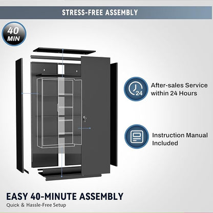 Metal Garage Storage Cabinet with Lock, 71" Tall Steel Storage Locker with 4 Adjustable Shelves, Heavy Duty Metal Cabinet for Garage, Office, Home, 31.5”W × 16.5”D, Black
