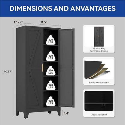 COFaR Metal Wardrobe Closet, 71'' Tall Steel Bedroom Armoire with Adjustable Hanging Rod and Shelves, Broom Closet Storage Cabinet for Garage Laundry Office, Farmhouse Black