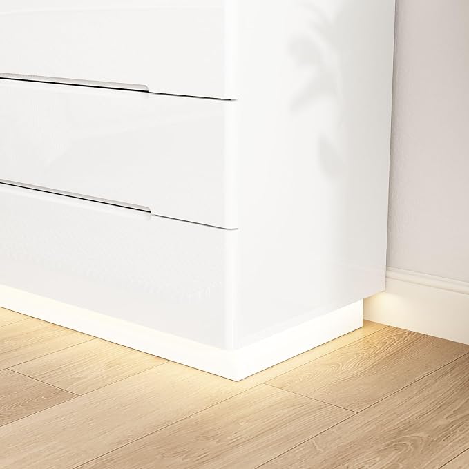 Modern High Gloss Dresser with LED Lights, 8 Drawer Dresser for Bedroom, Bottom Warm Lights, Handle-Free Design, 63" Contemporary Chest of Drawers White 63" W x 15.7" D x 30.9" H