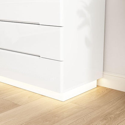 Modern High Gloss Dresser with LED Lights, 8 Drawer Dresser for Bedroom, Bottom Warm Lights, Handle-Free Design, 63" Contemporary Chest of Drawers White 63" W x 15.7" D x 30.9" H