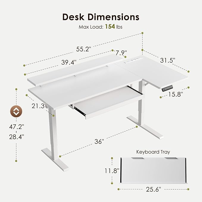 OffiGo 55 Inch Electric L Shaped Standing Desk with Keyboard Tray, Reversible Height Adjustable Corner Computer Desk with Monitor Stand, Sit Stand Up Lift Table for Home, Office, White