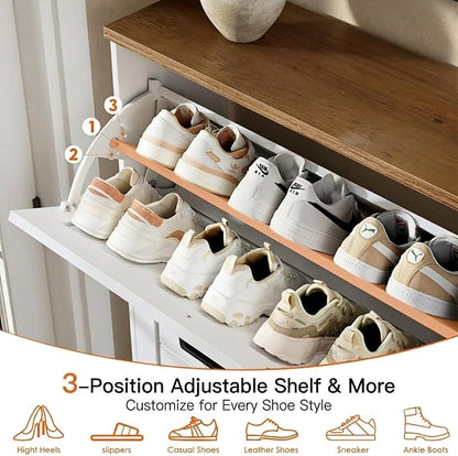 Nicetree Shoe Storage Cabinet for Entryway, Freestanding Fluted Accent Ultra Slim Shoe Cabinet with 3 Flip Drawers, Farmhouse Shoe Rack with 3-Tier Adjustable Shelves for Hallway Foyer Rustic-White