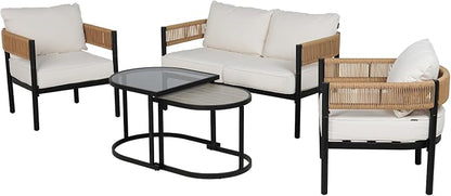 Grand patio 5-Piece Outdoor Furniture Set with Thick Cushions and Coffee Table, Wicker Sofa Conversation Set for Backyard, Natural