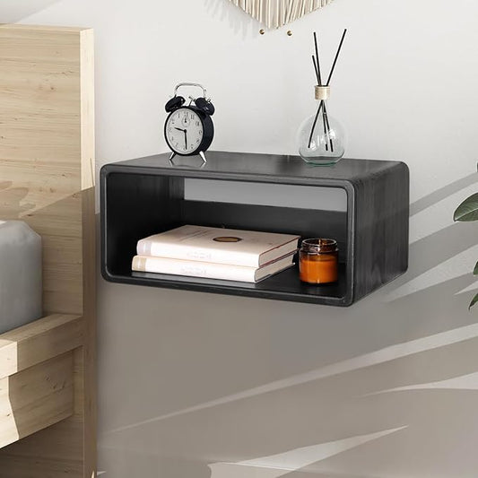 Floating Nightstand Oak Wooden Shelf Wall Mount - Stylish & Minimalistic Bedside Shelf Hanging Storage Phone Rest Side Table for Bedroom Office Home Decor Black 18”x 10”x 7.5”