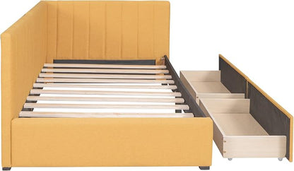 Merax Upholstered Daybed with 2 Storage Drawers, Twin Size Sofa Bed Frame, No Box Spring Needed, Linen Fabric, Yellow