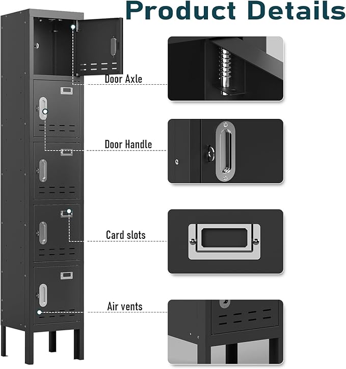 BUTISOW Metal Lockers - 66" Height Steel Lockers for Employees with 5 Door Storage Locker with Card Slot for Employees Gym School Home Office Garage - Assembly Required