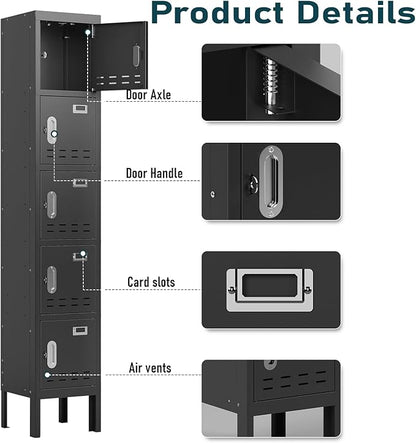 BUTISOW Metal Lockers - 66" Height Steel Lockers for Employees with 5 Door Storage Locker with Card Slot for Employees Gym School Home Office Garage - Assembly Required