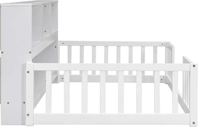 Bellemave Kids Montessori Floor Bed Twin Size, Floor Bed Frame with Bookcase and Shelves for Kids Boys Girls,Twin,White