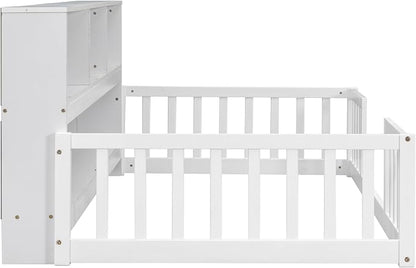 Bellemave Kids Montessori Floor Bed Twin Size, Floor Bed Frame with Bookcase and Shelves for Kids Boys Girls,Twin,White