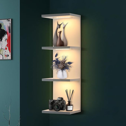 VIWODS 4-Tier Wall Shelf Unit with LED Lights, Floating Lack Shelf for Home Decor, Wall Mounted Vertical Display Shelf for Bedroom Living Room Vanity, White