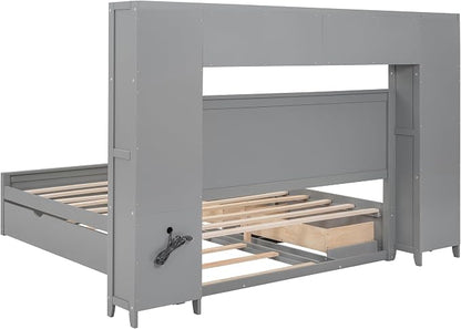 Merax Queen Size Wooden Bed with All-in-One Cabinet and Shelf, Gray Platform Bed Frame with 2 Drawers, Trundle and Sockets