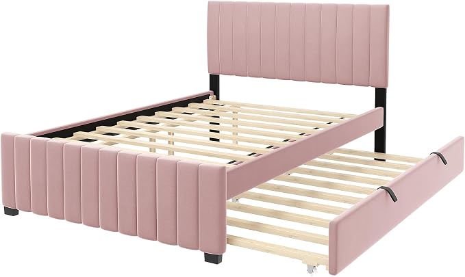 Bellemave Full Bed Frame with Trundle Bed,Velvet Upholstered Platform Bed Frame,Full Size Trundle Bed with Headboard for Kids Teens Adults(Pink)