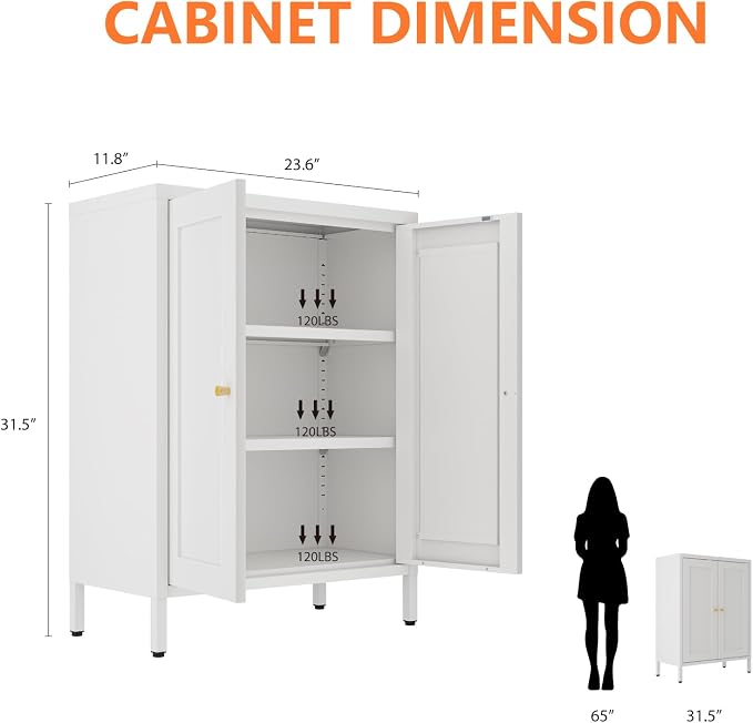 Metal Bathroom Cabinet, Small Floor Storage Cabinet, Freestanding Sideboard with 2 Adjustable Shelves for Living Room, Dining Room (White, 31.5" H-2 Doors)
