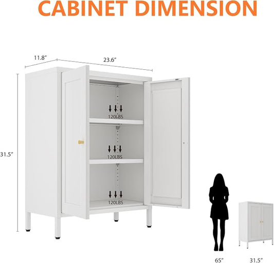 Metal Bathroom Cabinet, Small Floor Storage Cabinet, Freestanding Sideboard with 2 Adjustable Shelves for Living Room, Dining Room (White, 31.5" H-2 Doors)
