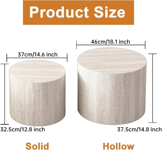 Round Nesting Coffee Table Set of 2 Modern Small Round Travertine Coffee Tables Travertine End Side Table Circle Nested Coffee Tables for Living Room (Travertine B)