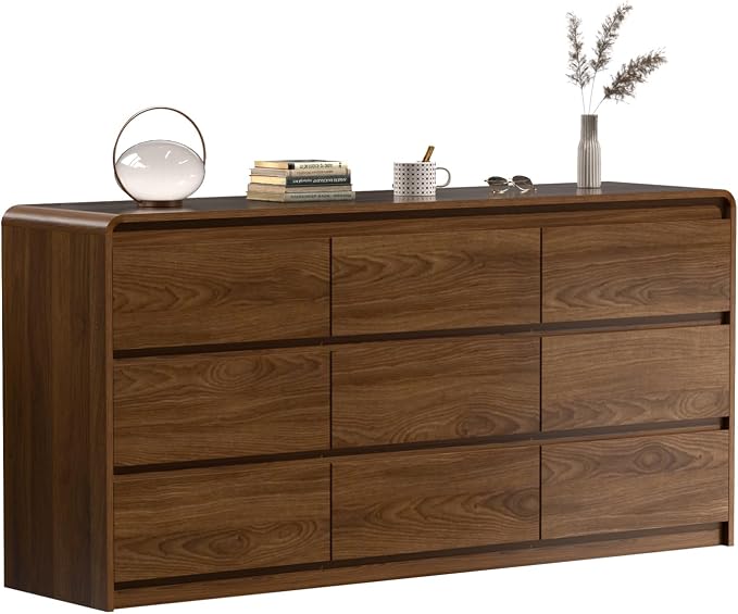 Oransail 9 Drawer Dresser, 63" Wide Walnut Dresser Chest of Drawers, Curved Anti-Collision & Anti-Tipping Design, Mid Century Modern Wooden Dresser for Bedroom, Living Room, TV Stand