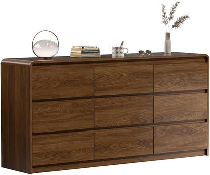 Oransail 9 Drawer Dresser, 63" Wide Walnut Dresser Chest of Drawers, Curved Anti-Collision & Anti-Tipping Design, Mid Century Modern Wooden Dresser for Bedroom, Living Room, TV Stand