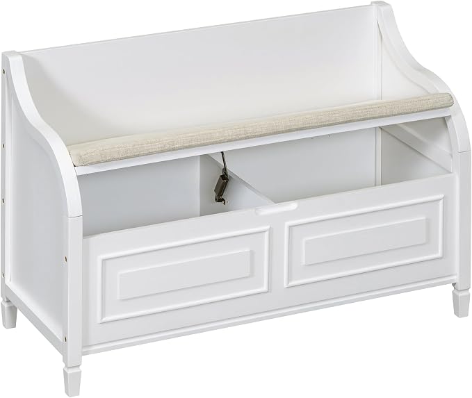 Knocbel Rustic Entry Storage Bench with Hidden Compartments and Removable Cushion, Wooden Entryway Hallway Foyer Shoe Bench Bedroom End of Bed Bench (White and Beige)