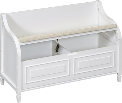 Knocbel Rustic Entry Storage Bench with Hidden Compartments and Removable Cushion, Wooden Entryway Hallway Foyer Shoe Bench Bedroom End of Bed Bench (White and Beige)