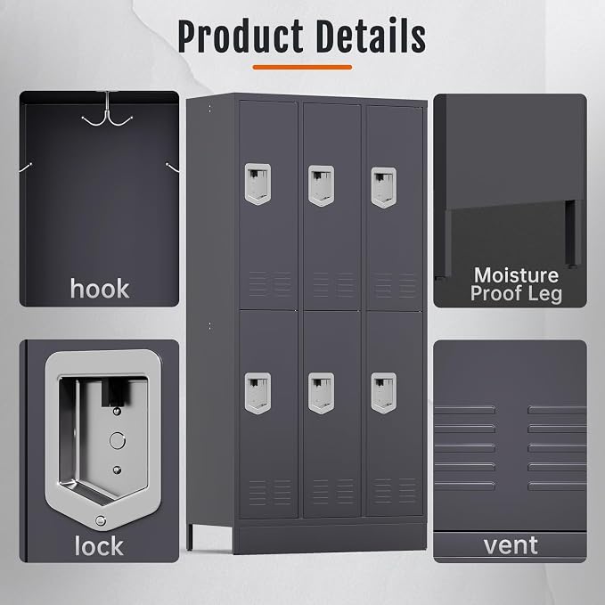 BUTISOW 6 Door Metal Storage Locker for Employees, Heavy Duty Steel School | Locker with Lift Up Handle & Recessed Hasp, Gym Office Lockers with Adjustable Shelves & Hooks, 72"H x 35.4"W x 15.75"D, Grey