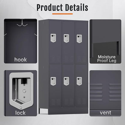 BUTISOW 6 Door Metal Storage Locker for Employees, Heavy Duty Steel School | Locker with Lift Up Handle & Recessed Hasp, Gym Office Lockers with Adjustable Shelves & Hooks, 72"H x 35.4"W x 15.75"D, Grey