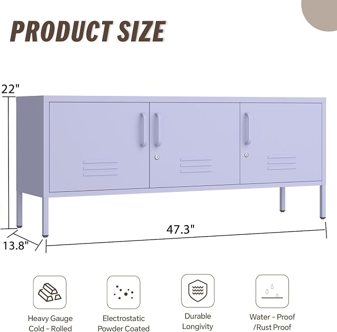 3 Door TV Stand with Storage Locke Metal TV Cabinet with 2-Tier Multi-Purpose Lockable Wide Storage Cabinet, Media Console Table with Metal Legs for Living Room, Bedroom,Office,Purple ﻿