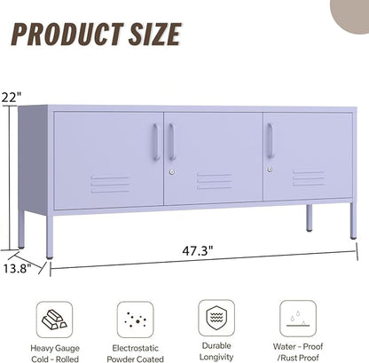 3 Door TV Stand with Storage Locke Metal TV Cabinet with 2-Tier Multi-Purpose Lockable Wide Storage Cabinet, Media Console Table with Metal Legs for Living Room, Bedroom,Office,Purple ﻿